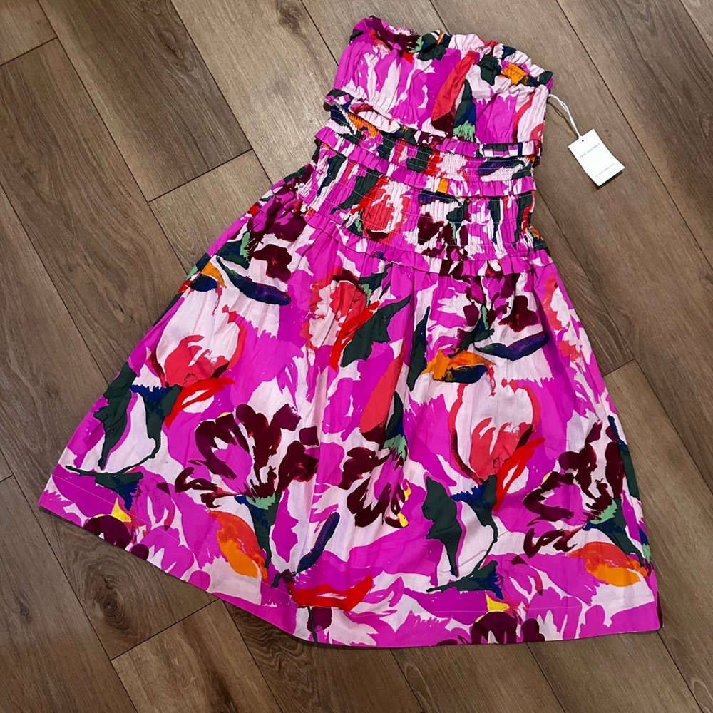 Free Assembly Strapless Smocked Midi Dress Pink Taffy Floral Print Small 4-6